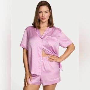 NWT Victoria’s Secret Satin Short Pajama Set Bikini Pink Heart Jacquard MEDIUM
